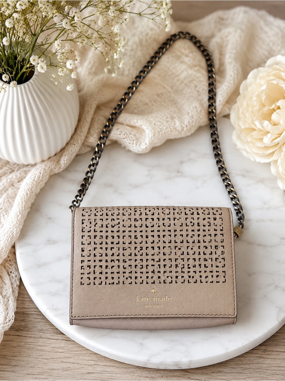 Kate Spade Perforated Wallet On Chain Crossbody Blush Taupe + Chain
